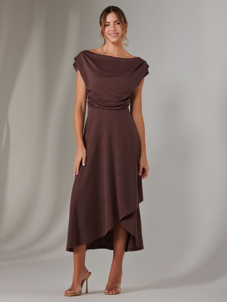 Jolie Moi Brown Asymmetric Drape Midi Dress - Image 1 of 6