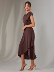 Jolie Moi Brown Asymmetric Drape Midi Dress - Image 4 of 6