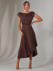 Jolie Moi Brown Asymmetric Drape Midi Dress - Image 5 of 6