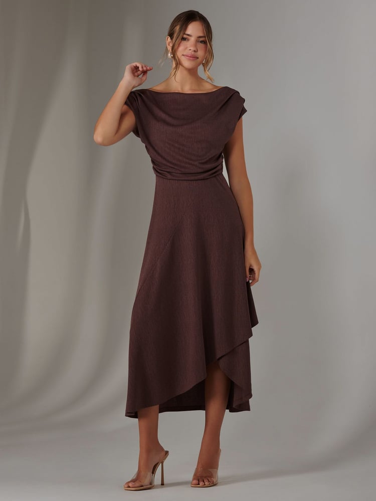 Jolie Moi Brown Asymmetric Drape Midi Dress - Image 6 of 6