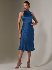 Jolie Moi Blue Satin Halter Neck Midi Dress - Image 1 of 6