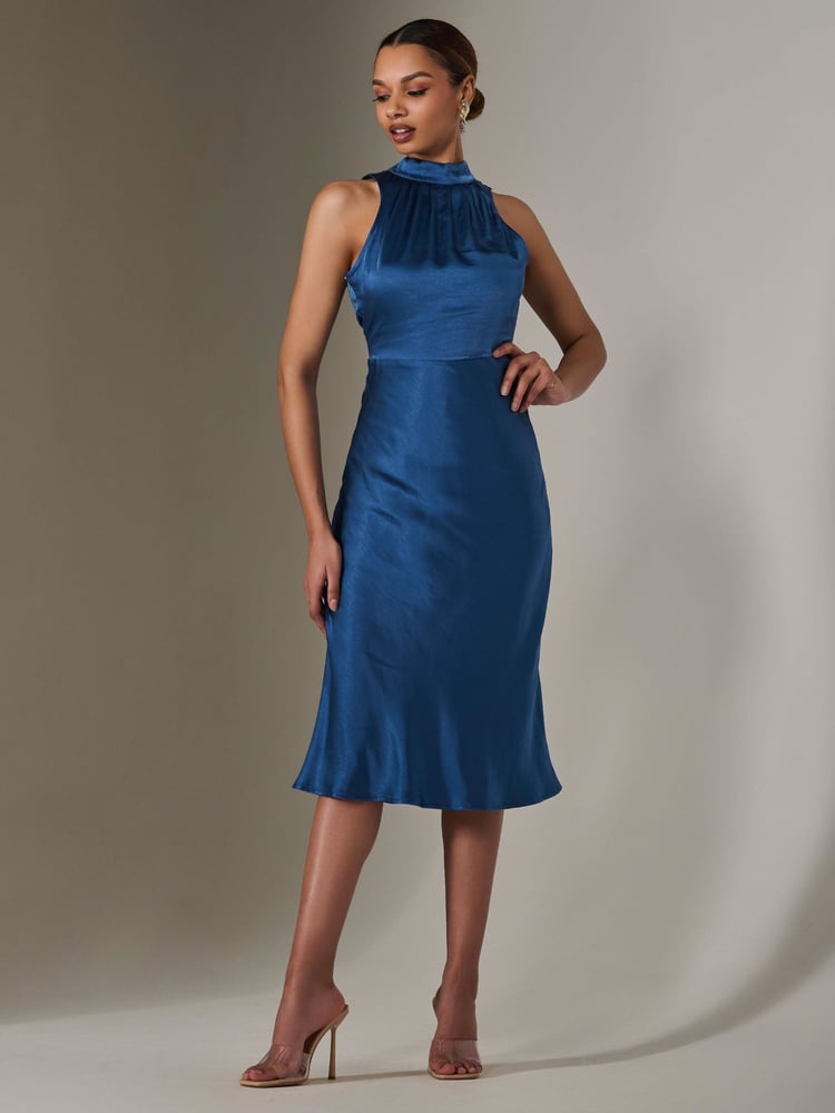 Jolie Moi Blue Satin Halter Neck Midi Dress - Image 1 of 6