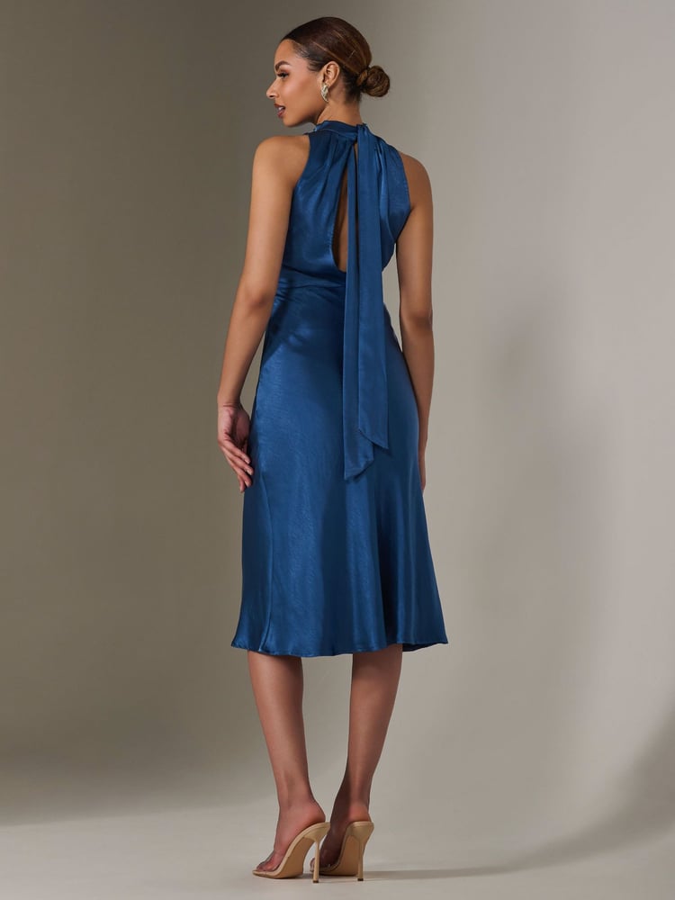 Jolie Moi Blue Satin Halter Neck Midi Dress - Image 2 of 6