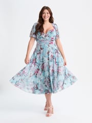 Scarlett & Jo Blue Liz Grey Multi Bolero Wrap Bodice Midi Dress - Image 1 of 4