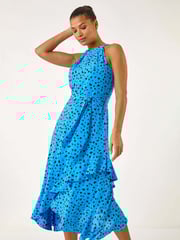 Roman Blue Spot Print Frill Hem Halter Dress - Image 1 of 5