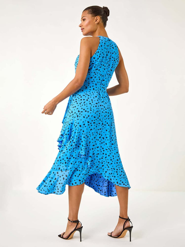 Roman Blue Spot Print Frill Hem Halter Dress - Image 2 of 5