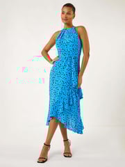 Roman Blue Spot Print Frill Hem Halter Dress - Image 3 of 5