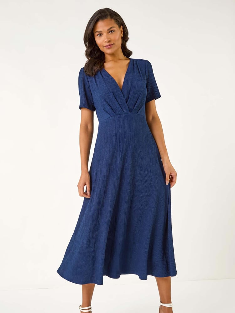 Roman Blue Textured Wrap Bodice Midi Dress - Image 2 of 5