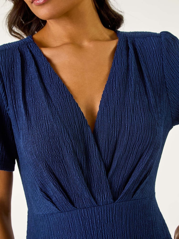 Roman Blue Textured Wrap Bodice Midi Dress - Image 5 of 5