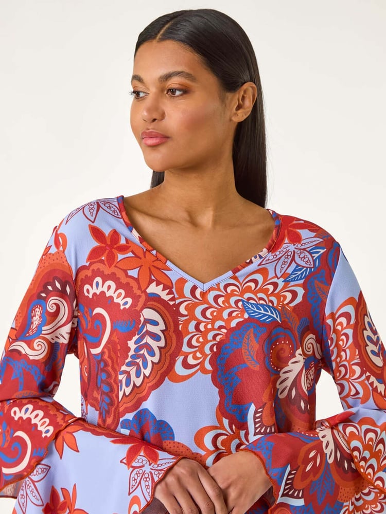 Roman Brown Paisley Print Flared Sleeve Top - Image 1 of 5