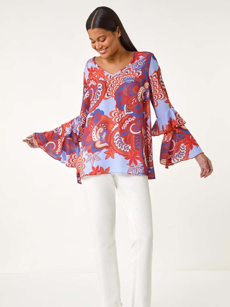 Roman Brown Paisley Print Flared Sleeve Top - Image 2 of 5