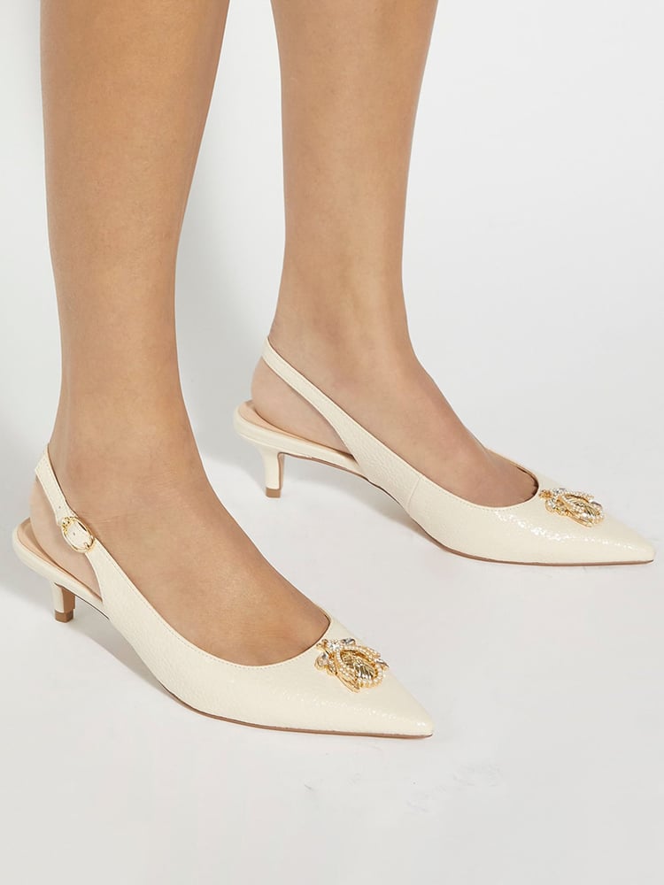 Dune London Cream Contact Branded Block Slingback Court Heels - Image 1 of 6
