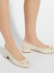 Dune London Cream Amazing Pleated Pearl Bow Flat Shoes - Image 1 of 6