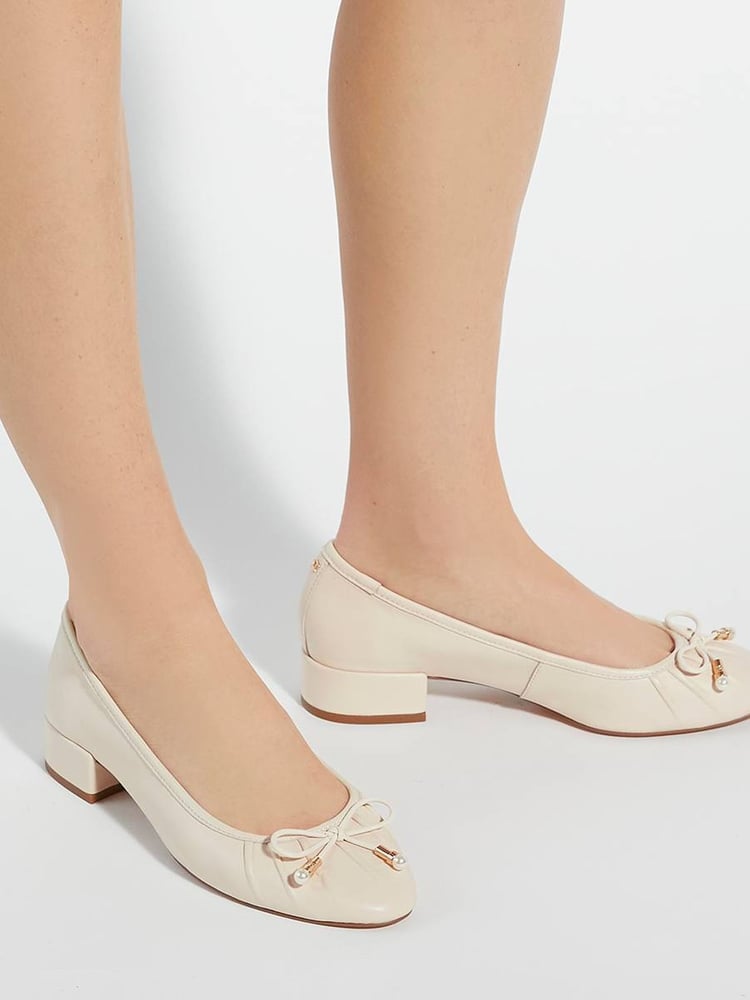 Dune London Cream Amazing Pleated Pearl Bow Flat Shoes - Image 1 of 6