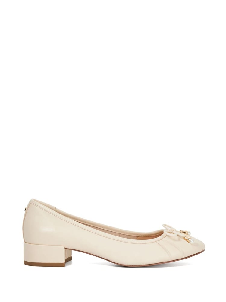 Dune London Cream Amazing Pleated Pearl Bow Flat Shoes - Image 2 of 6