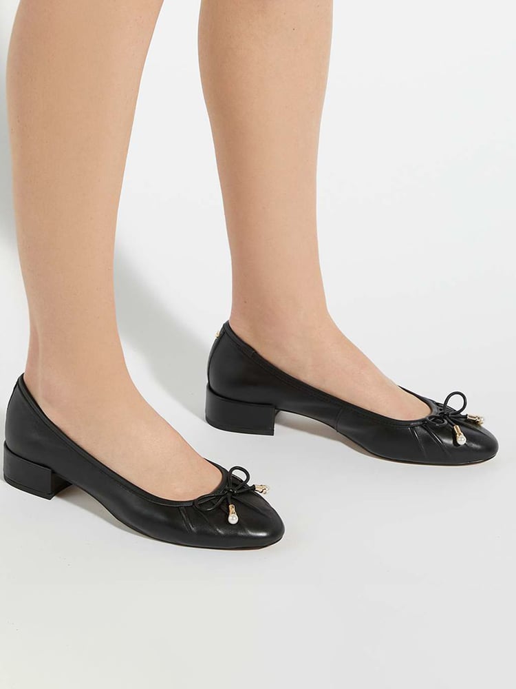 Dune London Black Amazing Pleated Pearl Bow Flat Shoes - Image 1 of 6