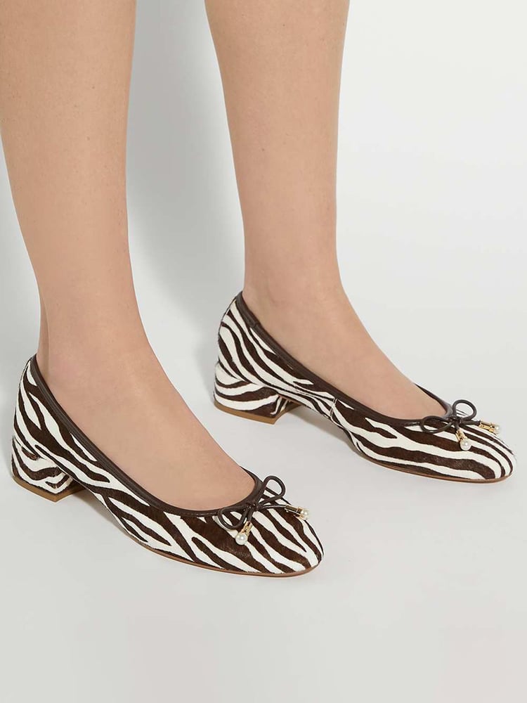 Dune London Animal Brown Amazing Pleated Pearl Bow Flat Shoes - Image 1 of 6
