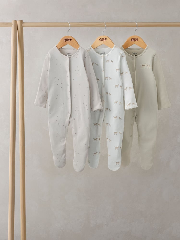 Mamas & Papas Wild Animals Print 100% Cotton Brown Sleepsuits 3 Pack - Image 1 of 3