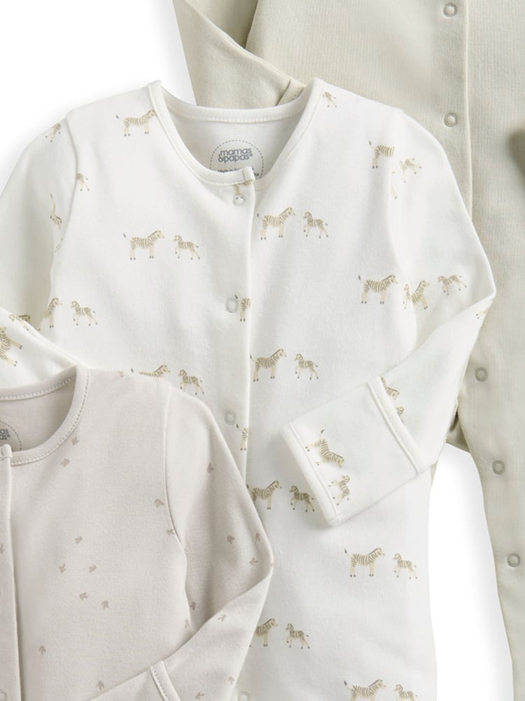 Mamas & Papas Wild Animals Print 100% Cotton Brown Sleepsuits 3 Pack - Image 3 of 3