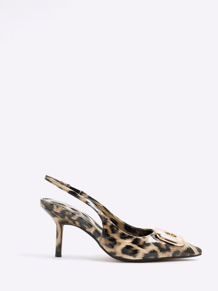 River Island Brown Leopard Print Buckle Sling Court Shoes - Image 1 of 6 River Island Brown Leopard Print Buckle Sling Court Shoes - Image 1 of 6