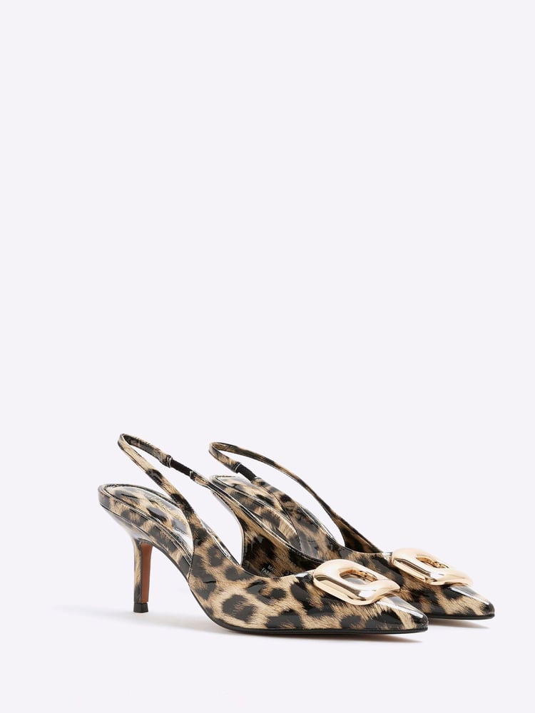 River Island Brown Leopard Print Buckle Sling Court Shoes - Image 2 of 6 River Island Brown Leopard Print Buckle Sling Court Shoes - Image 2 of 6
