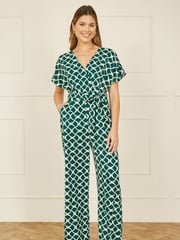 Yumi Green Geometric Print Wrap Jumpsuit - Image 1 of 5