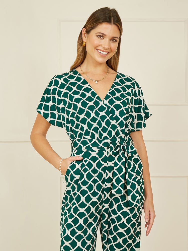 Yumi Green Geometric Print Wrap Jumpsuit - Image 2 of 5
