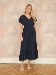 Yumi Blue Cotton Broderie Anglaise Wrap Midi Dress - Image 2 of 5