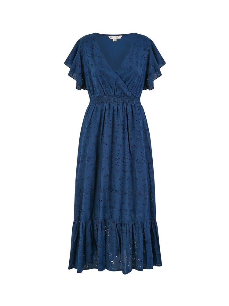 Yumi Blue Cotton Broderie Anglaise Wrap Midi Dress - Image 5 of 5