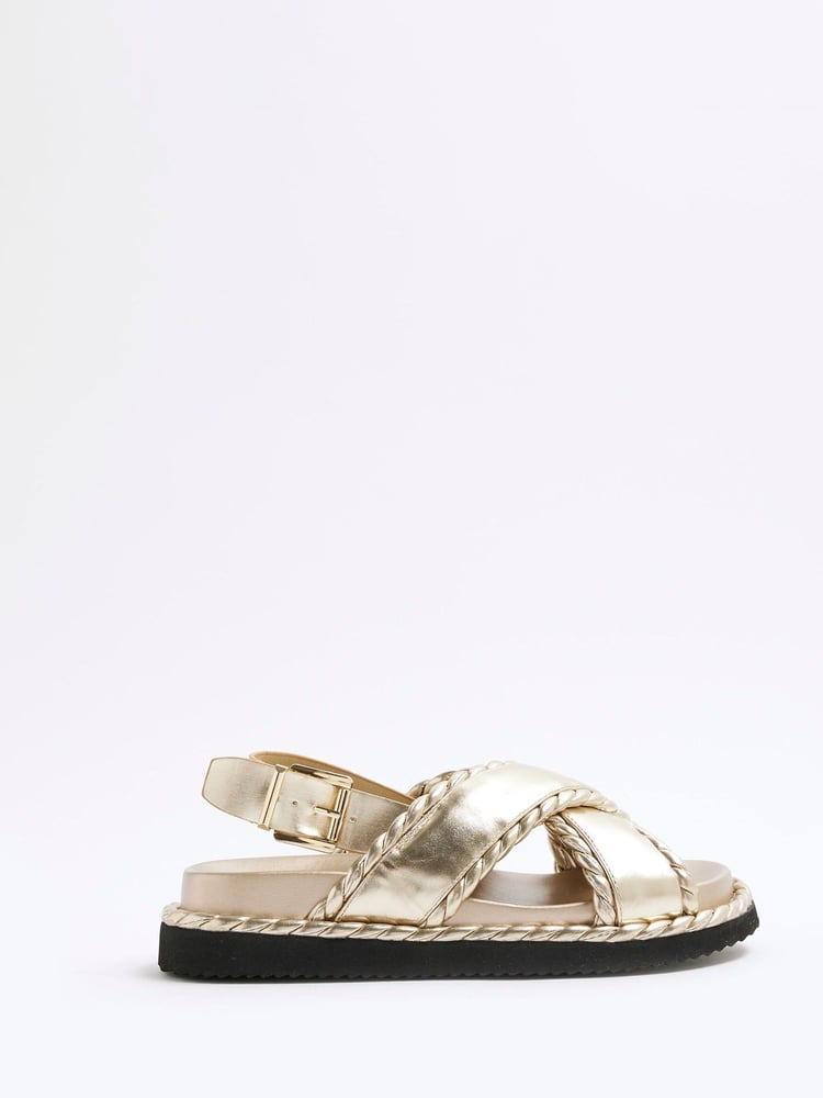 River Island Gold Wide Fit Cross Strap Sandals - Image 1 of 5 River Island Gold Wide Fit Cross Strap Sandals - Image 1 of 5