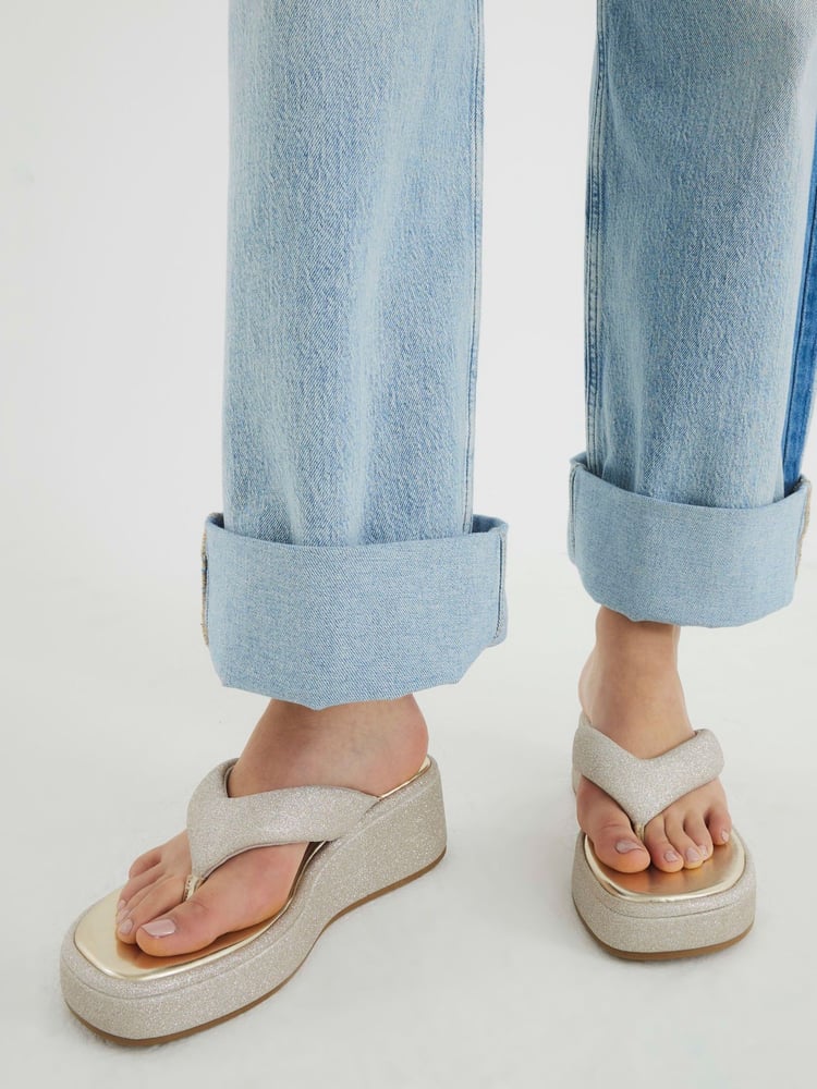 River Island Silver Toe Thong Wedge Sandals - Image 1 of 6