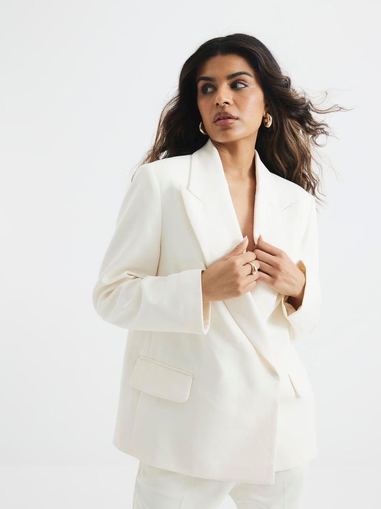 River Island Cream Oversized Petite Double Breasted Blazer - Image 1 of 6