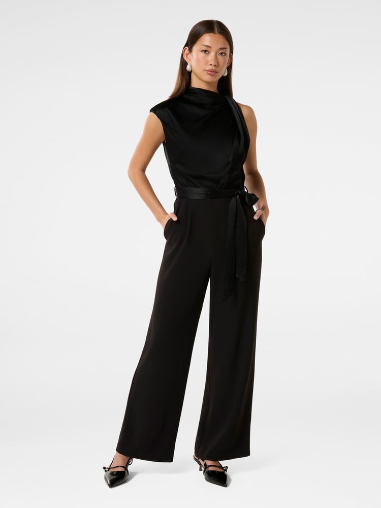 Forever New Black Sienna Satin Asymmetric Jumpsuit - Image 1 of 4