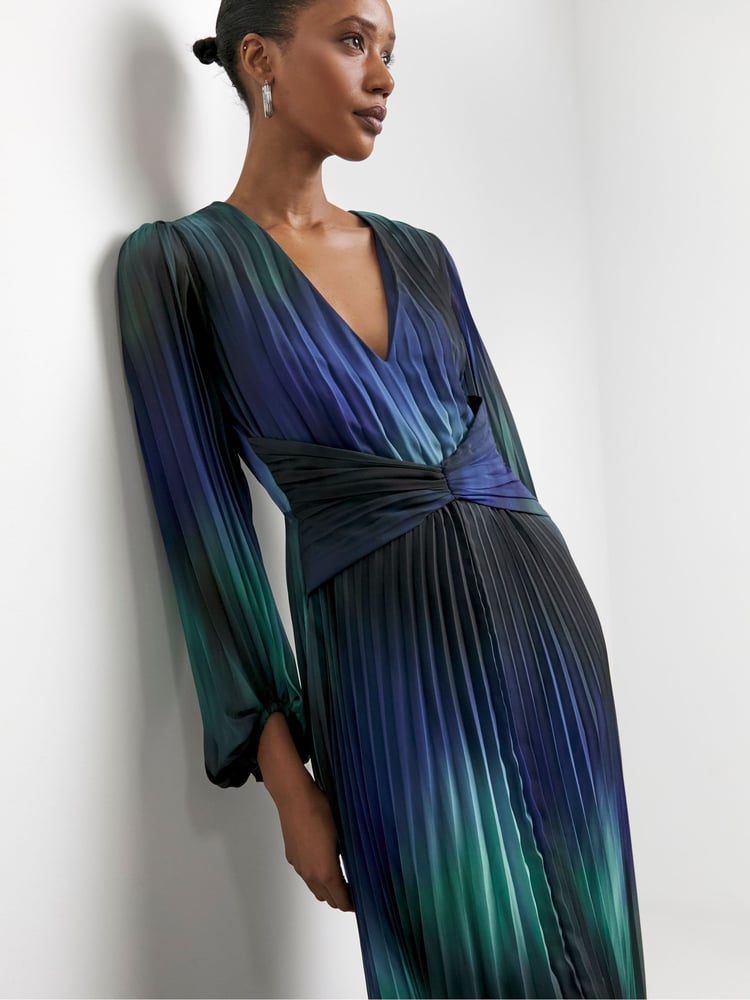 Joanna Hope Blue Asymmetic Pleated Dress - Image 1 of 4