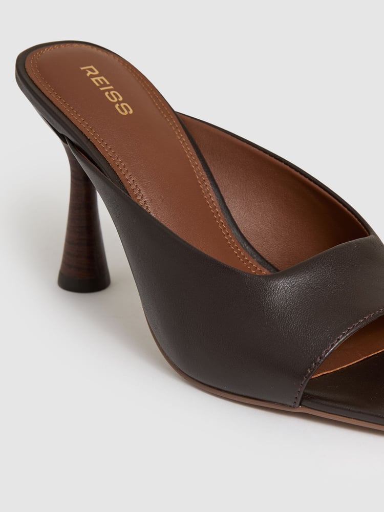 Reiss Chocolate Justine Leather Heeled Mules - Image 5 of 5