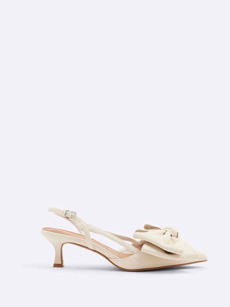 River Island Cream Brown Raffia Sling Back Bow Heeled Court Shoes - Image 1 of 5