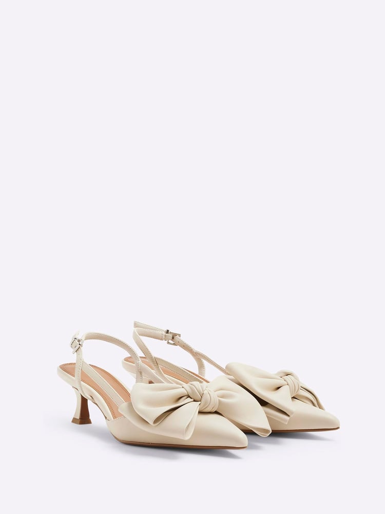 River Island Cream Brown Raffia Sling Back Bow Heeled Court Shoes - Image 2 of 5