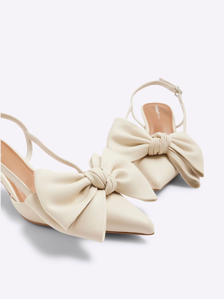 River Island Cream Brown Raffia Sling Back Bow Heeled Court Shoes - Image 5 of 5