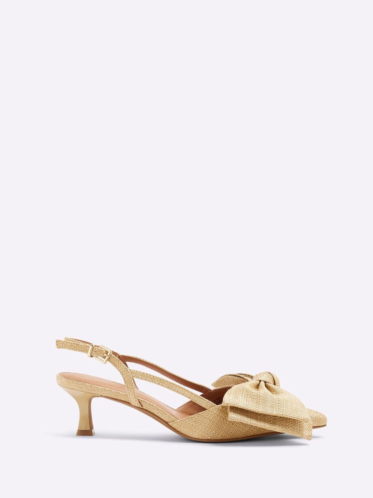 River Island Brown Brown Raffia Sling Back Bow Heeled Court Shoes - Image 1 of 1 River Island Brown Brown Raffia Sling Back Bow Heeled Court Shoes - Image 1 of 1