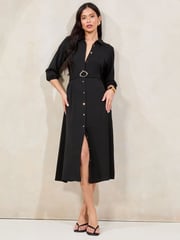 Lipsy Black 3/4 Sleeve Button Through Midi Shirt Dress - Image 1 of 4