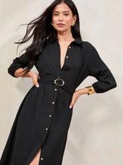 Lipsy Black 3/4 Sleeve Button Through Midi Shirt Dress - Image 2 of 4