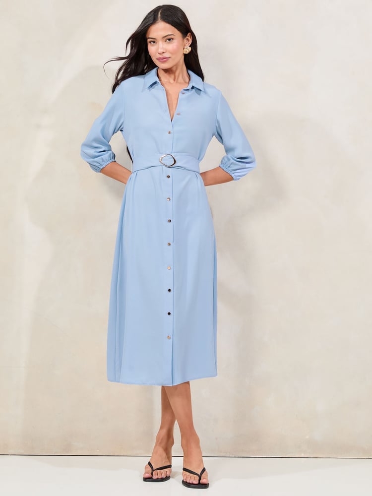 Lipsy Blue Petite 3/4 Sleeve Button Through Midi Shirt Dress - Image 2 of 4
