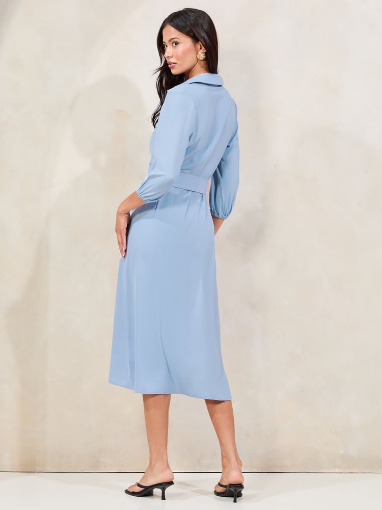 Lipsy Blue Petite 3/4 Sleeve Button Through Midi Shirt Dress - Image 4 of 4