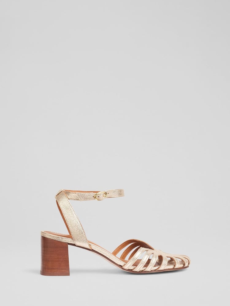 LK Bennett Metallic Aspen Pale Leather Heeled Plaited Front Dorsay Sandals - Image 1 of 4