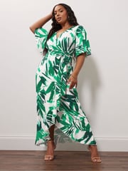 Yours Curve Ivory Botanical London Ruffle Wrap Dress - Image 1 of 5