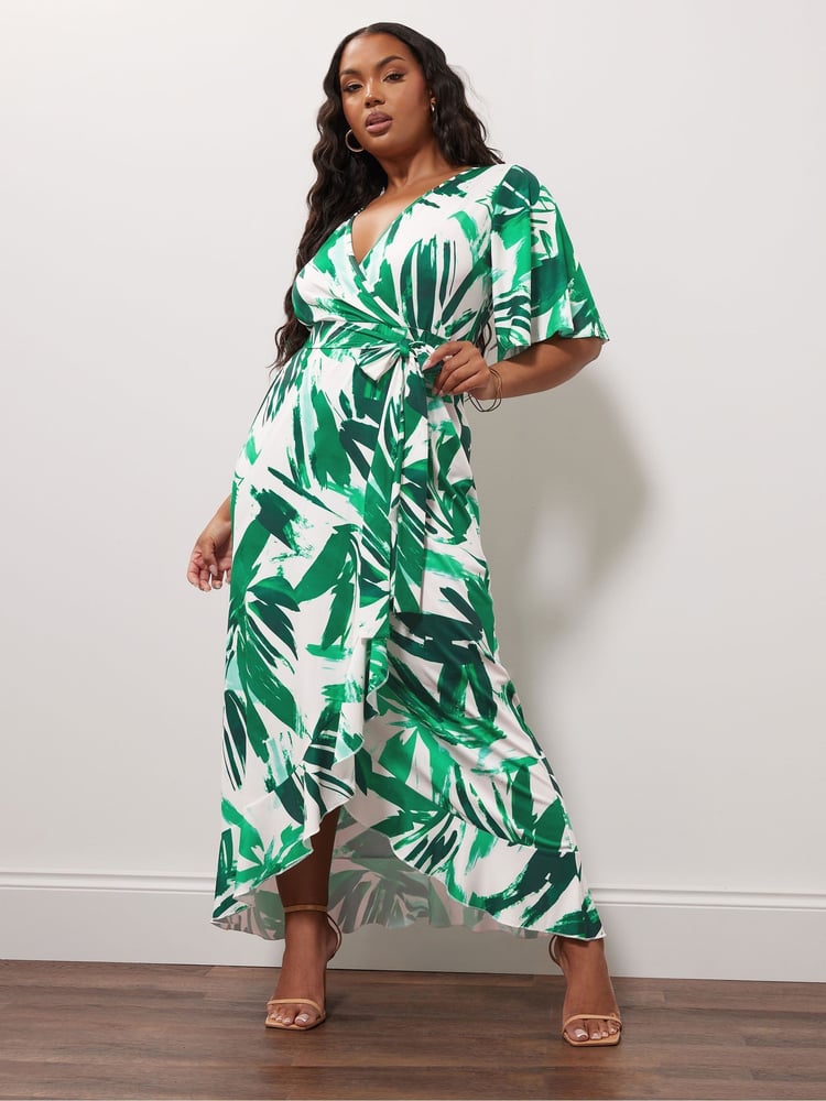 Yours Curve Ivory Botanical London Ruffle Wrap Dress - Image 2 of 5
