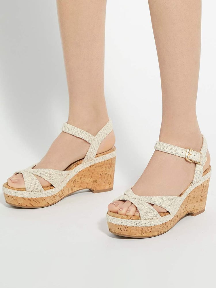 Dune London Cream Wide Fit Kelulu Cork Cross Wrap Wedge Sandals - Image 1 of 6