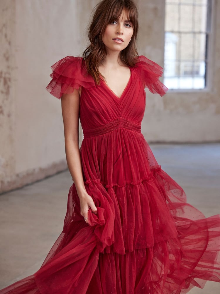 Mint Velvet Red Tulle Ruffle Maxi Dress - Image 2 of 8 Mint Velvet Red Tulle Ruffle Maxi Dress - Image 2 of 8