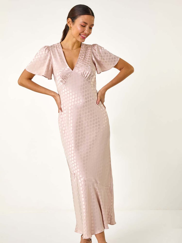 Roman Natural Satin Spot Print Midi Dress - Image 1 of 5
