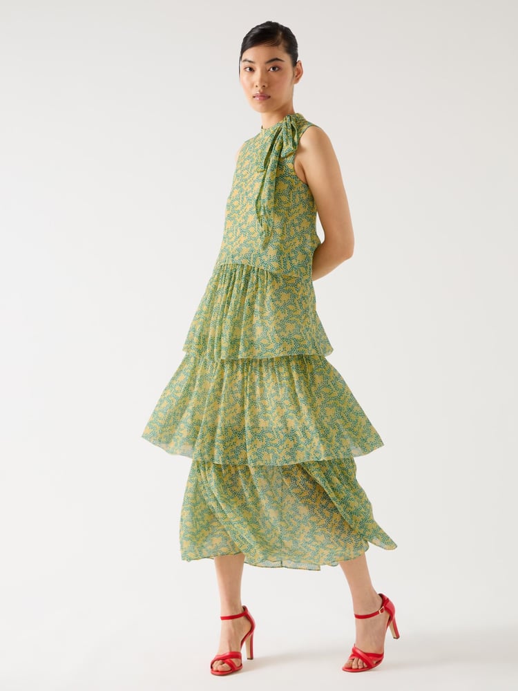 LK Bennett Yellow Kristin Italian Straw Multi Viscose Blossom Print Tiered Georgette Dress - Image 3 of 3